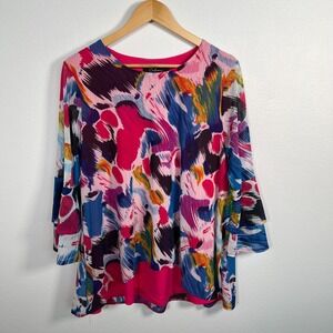 Calessa Tunic Top Womens Sz M Mesh Stretch Layered Colorful 3/4 Sleeve Casual